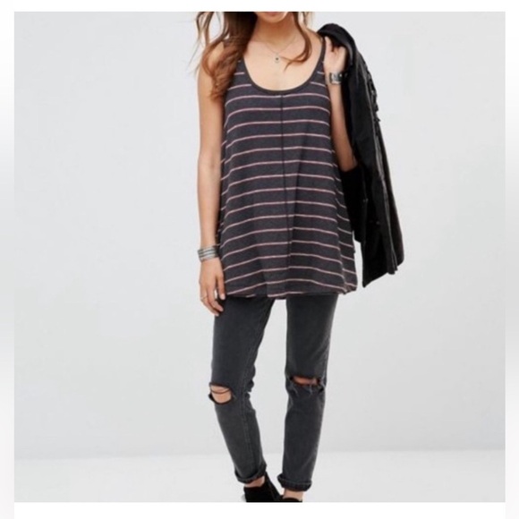 Free People | Garden Striped Tunic Tank Swing Top Charcoal Heather | L - Picture 1 of 12